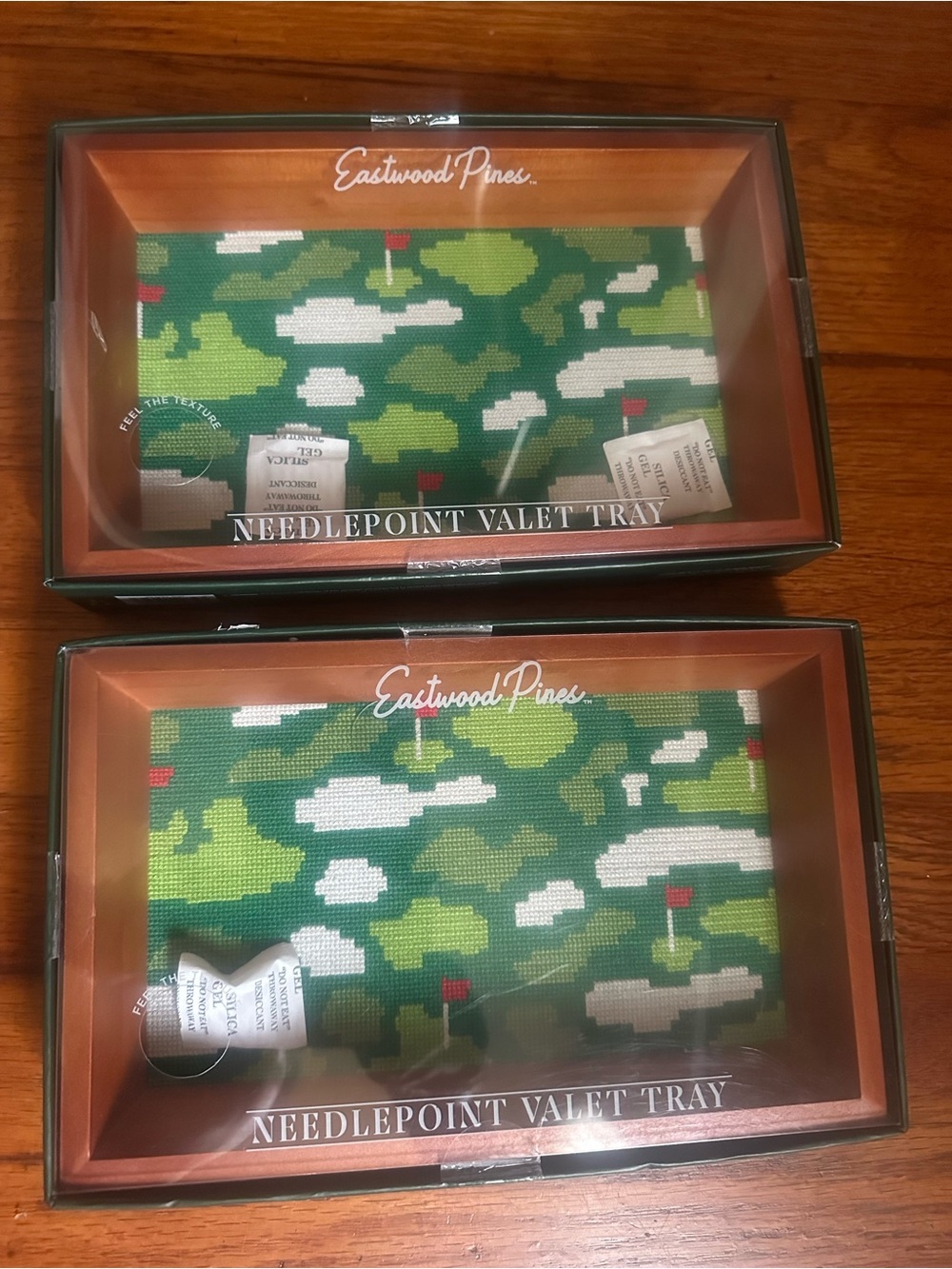 Eastwood Pines Needlepoint Valet Tray Golf - Wood Office Desk Set Of 2 New